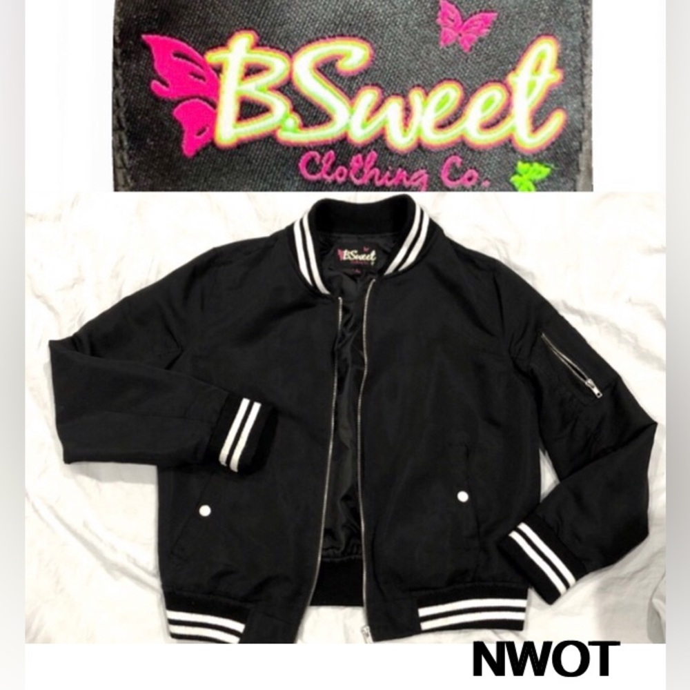 B SWEET Clothing Co women’s black bomber jacket size L NWOT never used